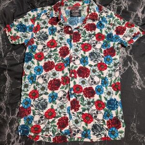 Men’s Floral & Skull Short-Sleeve Button-Up Shirt — Red/Blue/Green on White